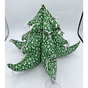 Vintage Christmas Tree Stuffed Fabric Tabletop Plush Green White Handmade 13”